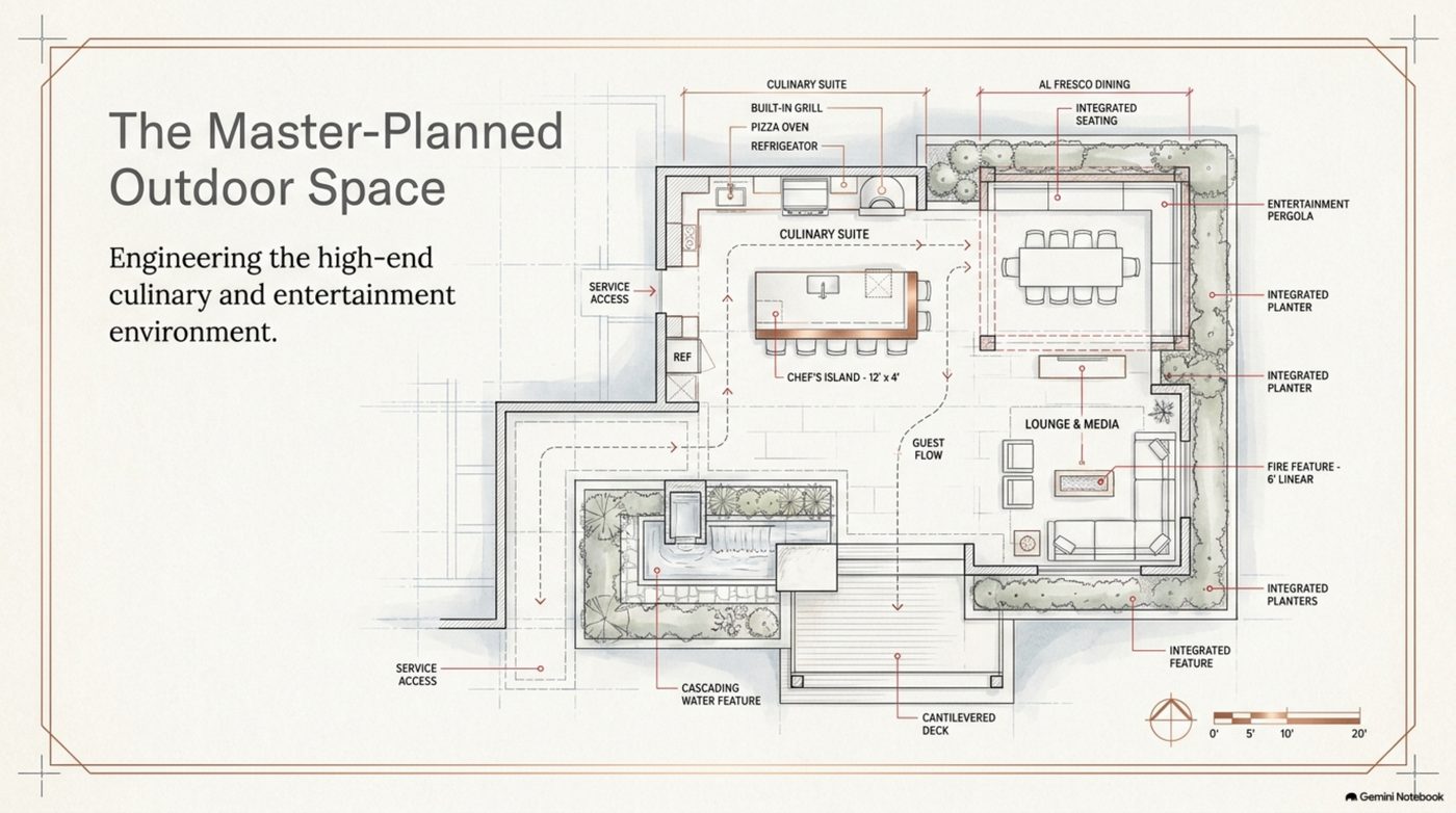 Master plan of an Austin outdoor kitchen showing the bar, grill, prep, dining and lounge zones