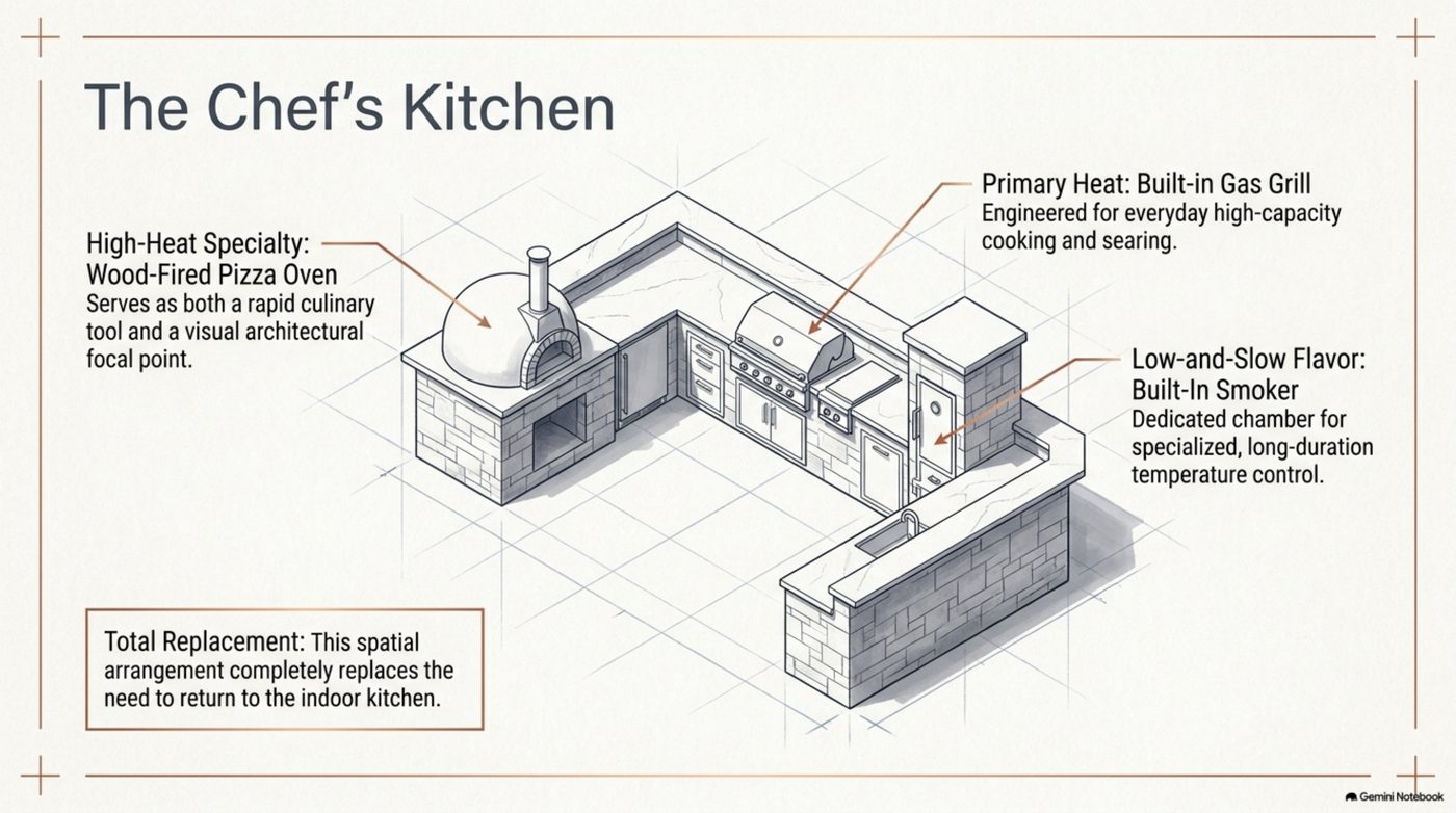 The chef's kitchen: built-in gas grill, wood-fired pizza oven and smoker on one island