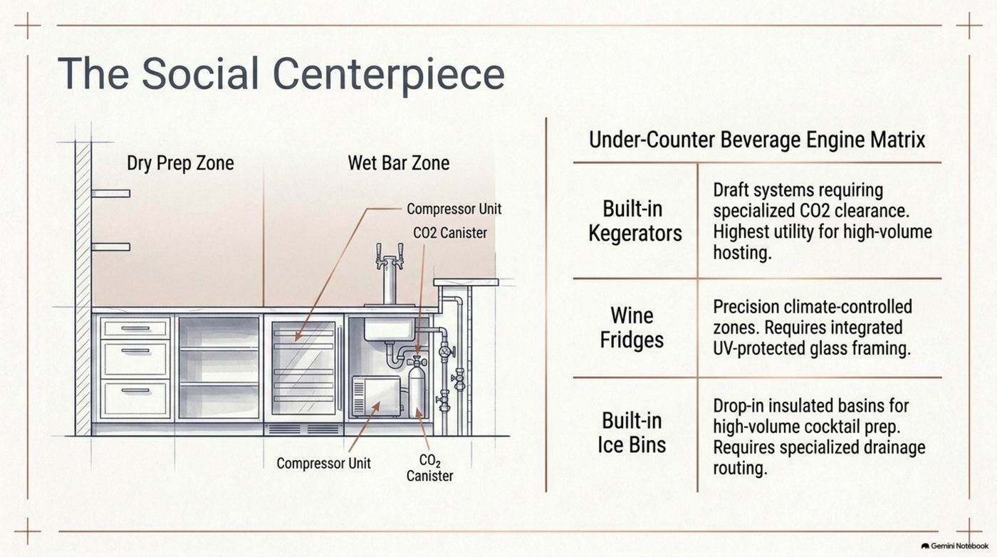 Under-counter beverage engine matrix with kegerator, wine fridge and built-in ice bin