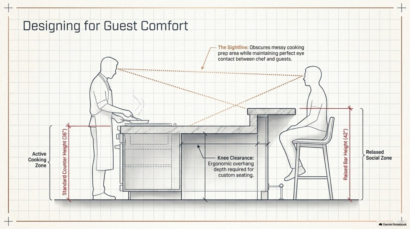 Designing for guest comfort: a 36-inch counter height against a 42-inch bar height, with sightlines