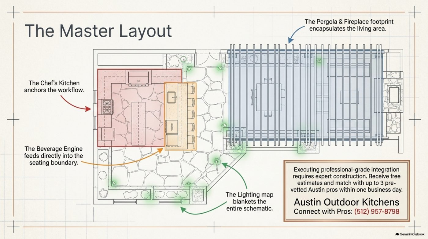 Master integration schematic for an Austin outdoor kitchen showing the chef's kitchen, beverage engine, pergola and fireplace footprint, and lighting map